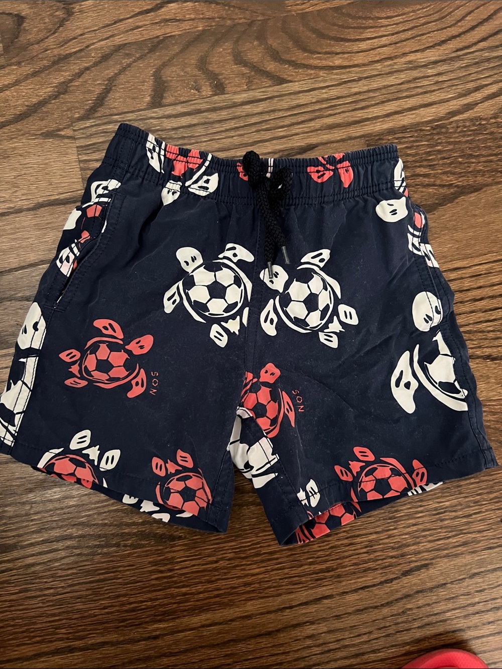 Vilebrequin Navy Swim Shorts with Red & White Turtle Motif